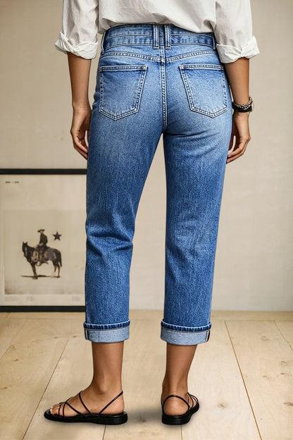Roll Hem Dual Button High Waist Straight Leg Capri Jeans
