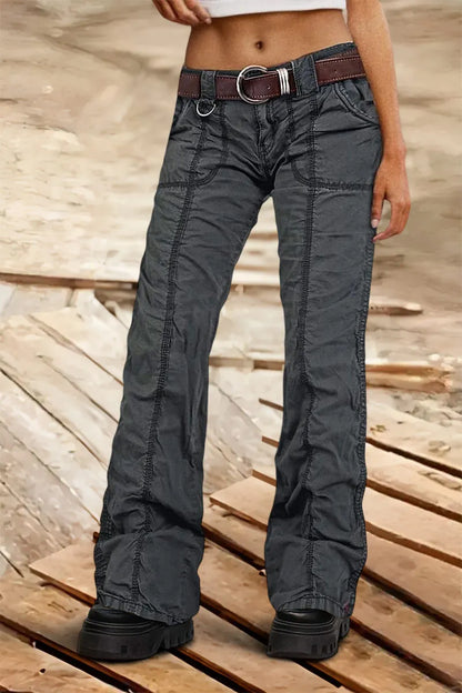 Solid Stitch Detail Mid Rise Straight Leg Cargo Pants Without Belt