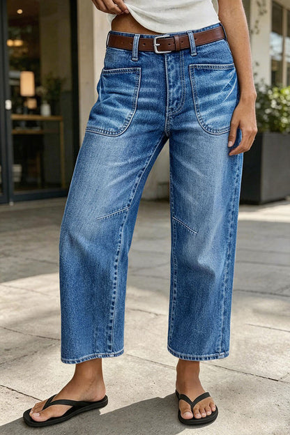 Wash Patched Pocket Mid Waist Straight Leg Crop Jeans Without Belt
