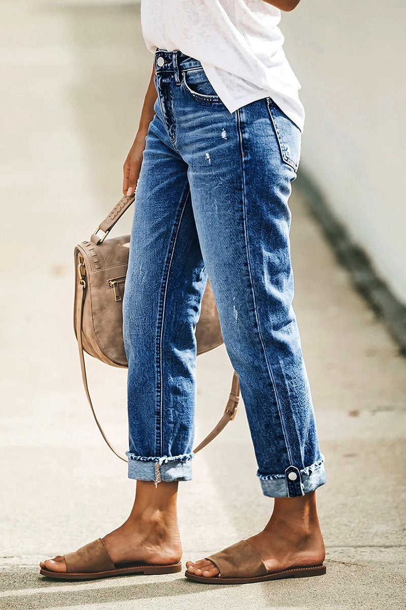Wash Button Tab Roll Hem Mid Waist Straight Leg Crop Jeans