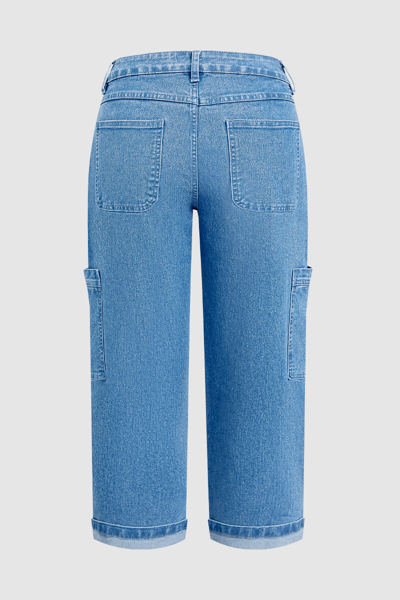 Wash Patch Pocket Roll Hem High Rise Crop Tapered Jeans Without Belt