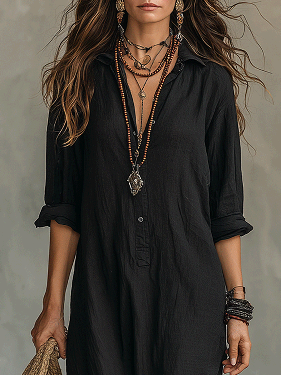 Robe longue bohème noire boutonnée sur le devant