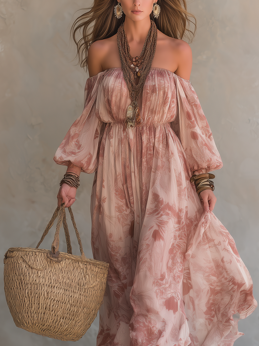 Robe longue bohème manches lanternes rose poudré