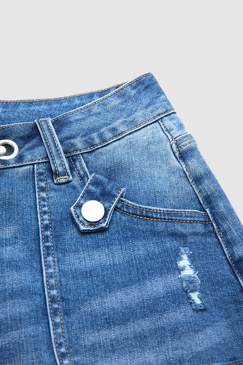 Wash Ripped Roll Hem Drawstring Mid Rise Denim Shorts