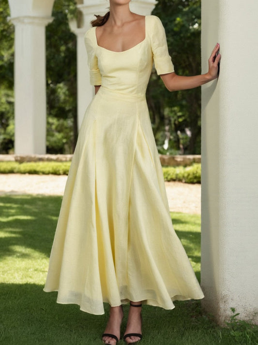 Robe longue en lin, Manches courtes, Encolure carrée, Unie, Vacances, Vintage français, Jaune clair