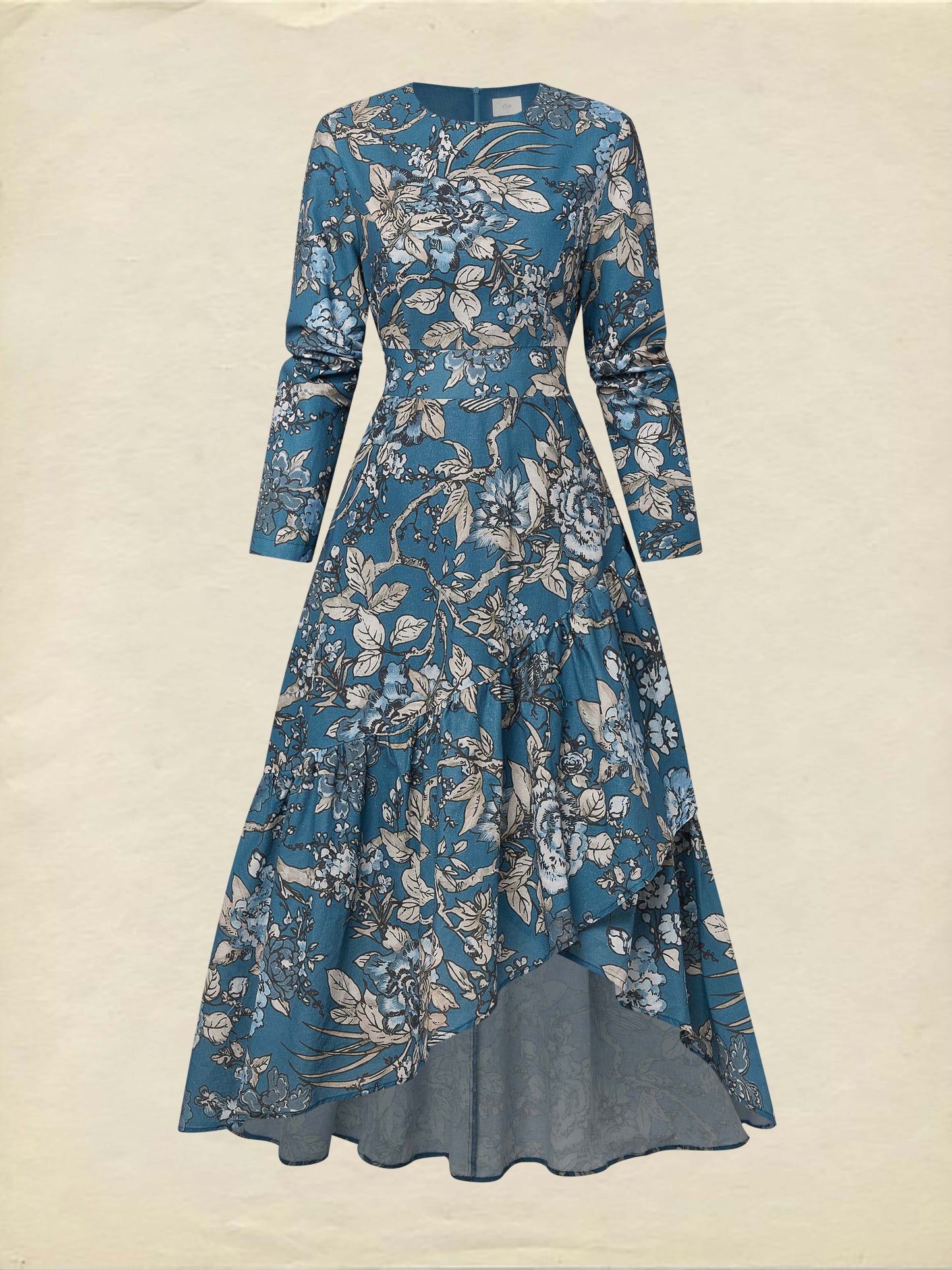 Robe longue en lin, manches longues, col rond, florale, volants, vintage, bleu profond