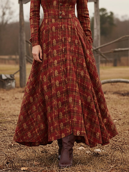 Robe longue en lin, manches longues, col en V, à carreaux, boutonnée, style vintage, rouge