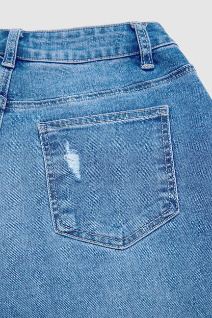 Wash Raw Hem Ripped Mid Waist Straight Leg Crop Jeans Without Belt