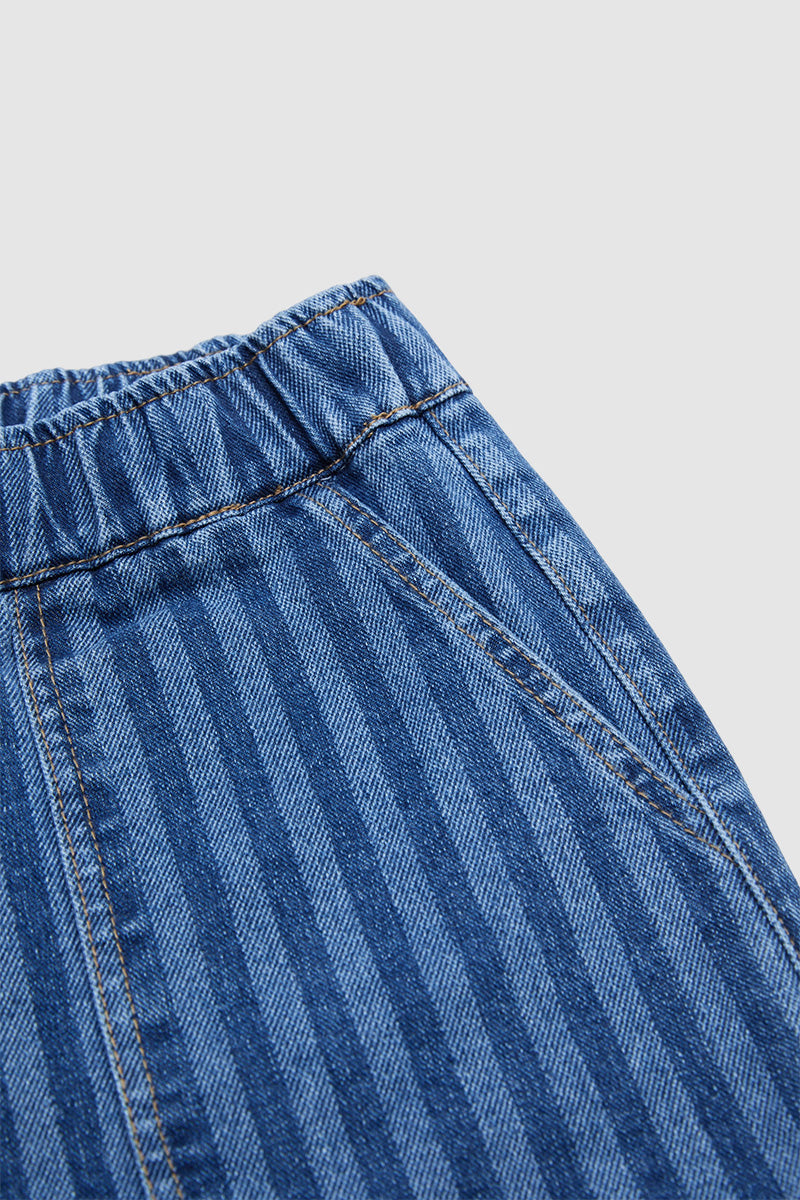 Striped Drawstring Elastic High Rise Denim Bermuda Shorts