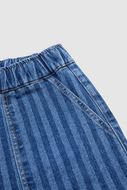 Striped Drawstring Elastic High Rise Denim Bermuda Shorts