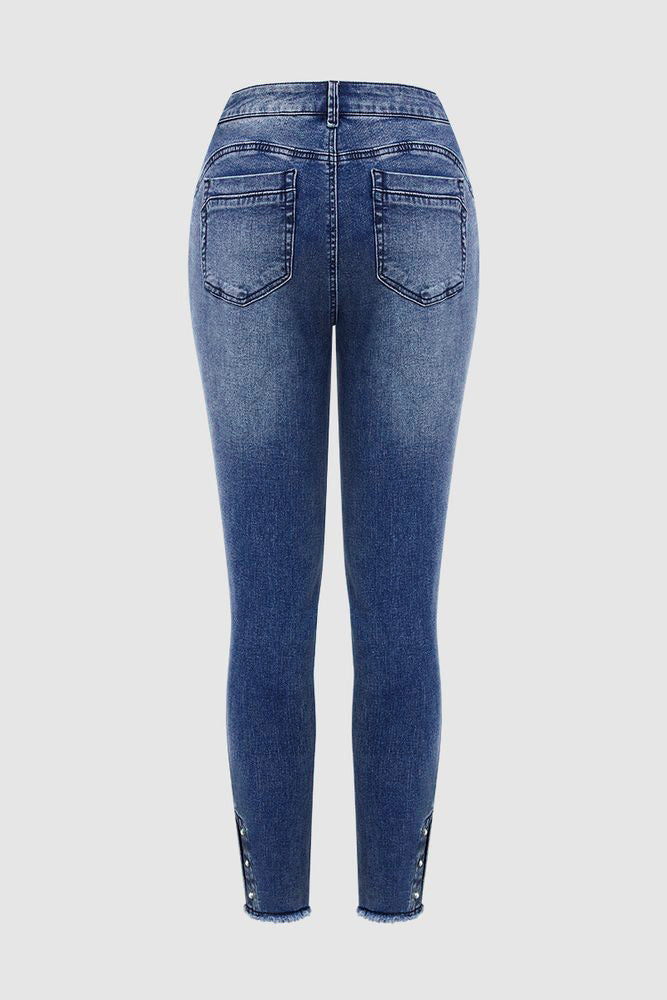 Pearl Button Side Raw Hem High Waist Skinny Jeans