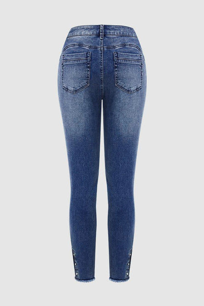Pearl Button Side Raw Hem High Waist Skinny Jeans