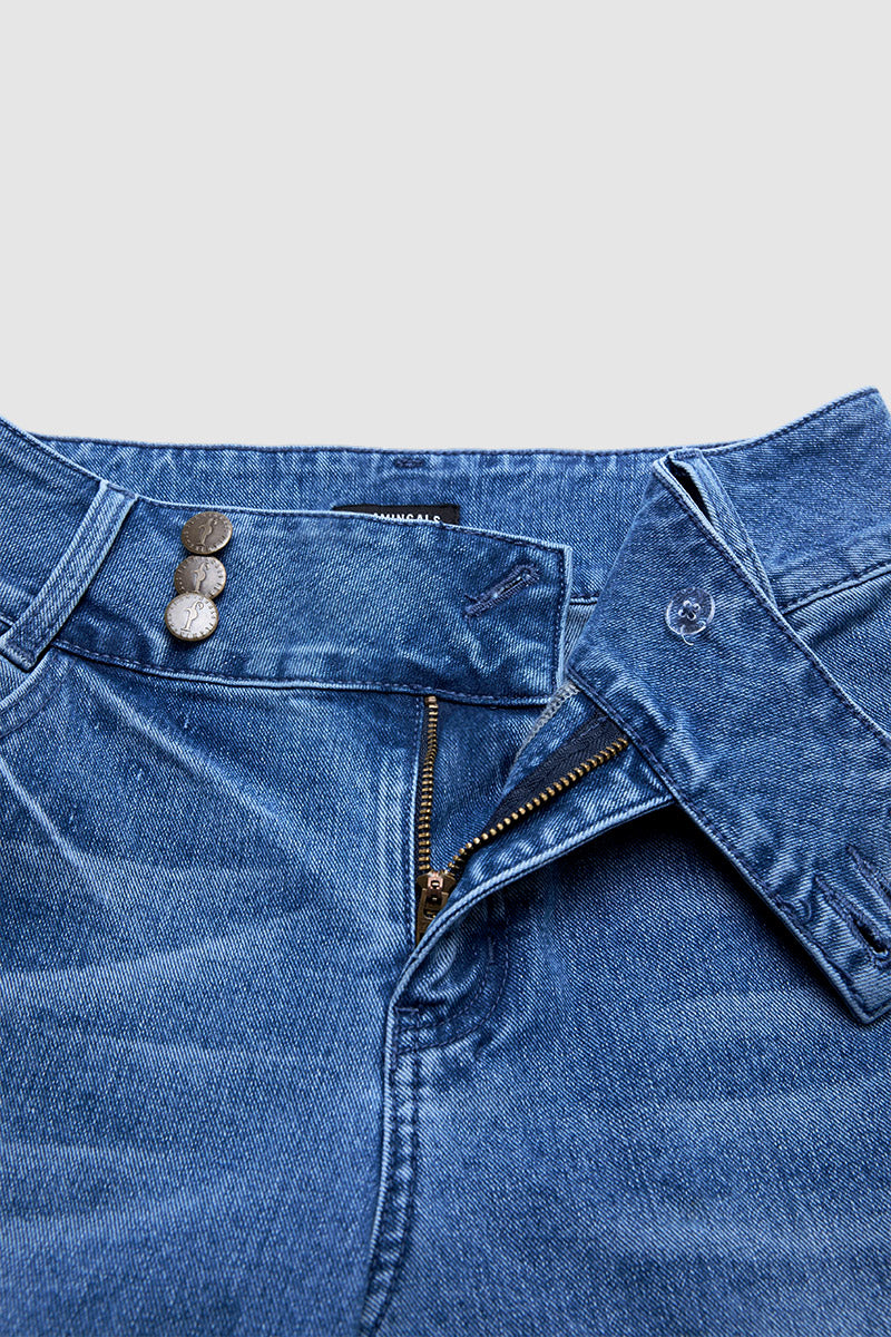 Wash Ruffle Hem Asymmetrical Mid Waist Wide Leg Cropped Jeans