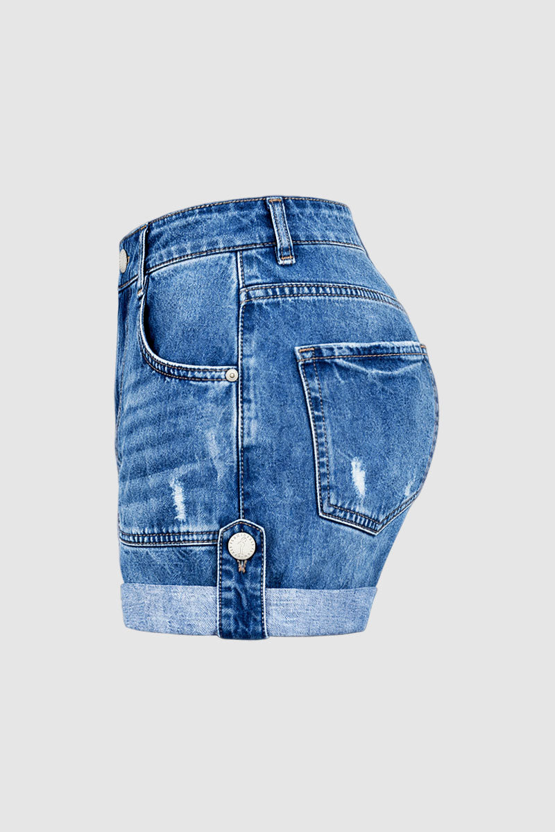 Roll Hem Button Tab Ripped Mid Waist Denim Shorts