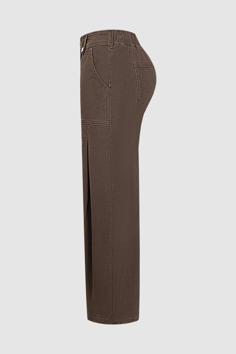 Solid Seam Front Pleated Elastic Back Mid Waist Wide Leg Pants