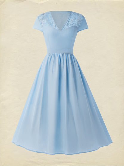 Robe midi en lin, manches courtes, col en V, unie, dentelle, style vintage français, bleue