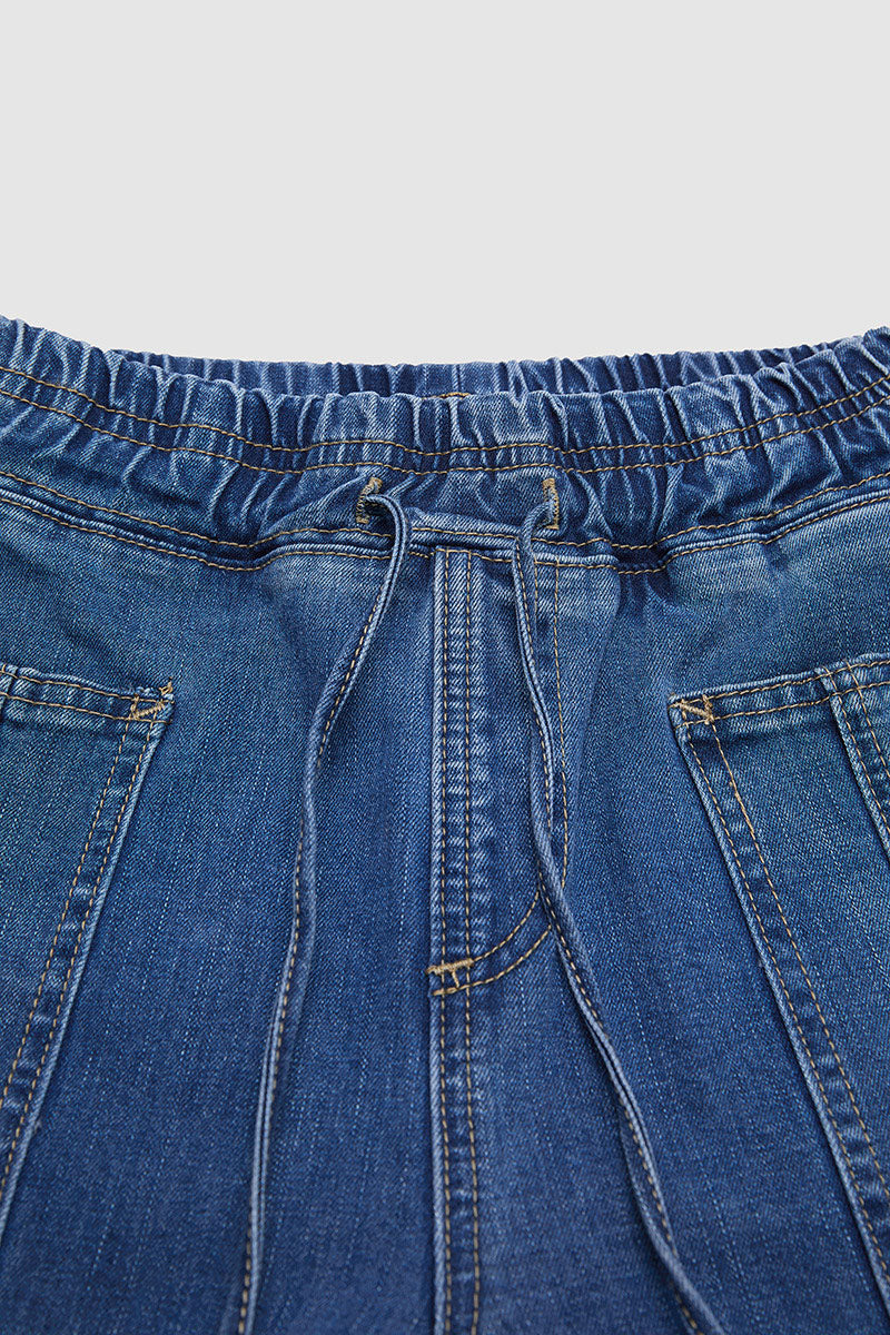 Drawstring Patched Pocket High Waist Barrel Leg Crop Jeans