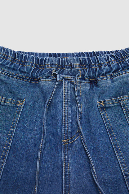 Drawstring Patched Pocket High Waist Barrel Leg Crop Jeans