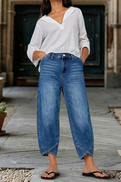 Wash Tulip Hem High Rise Straight Leg Crop Jeans