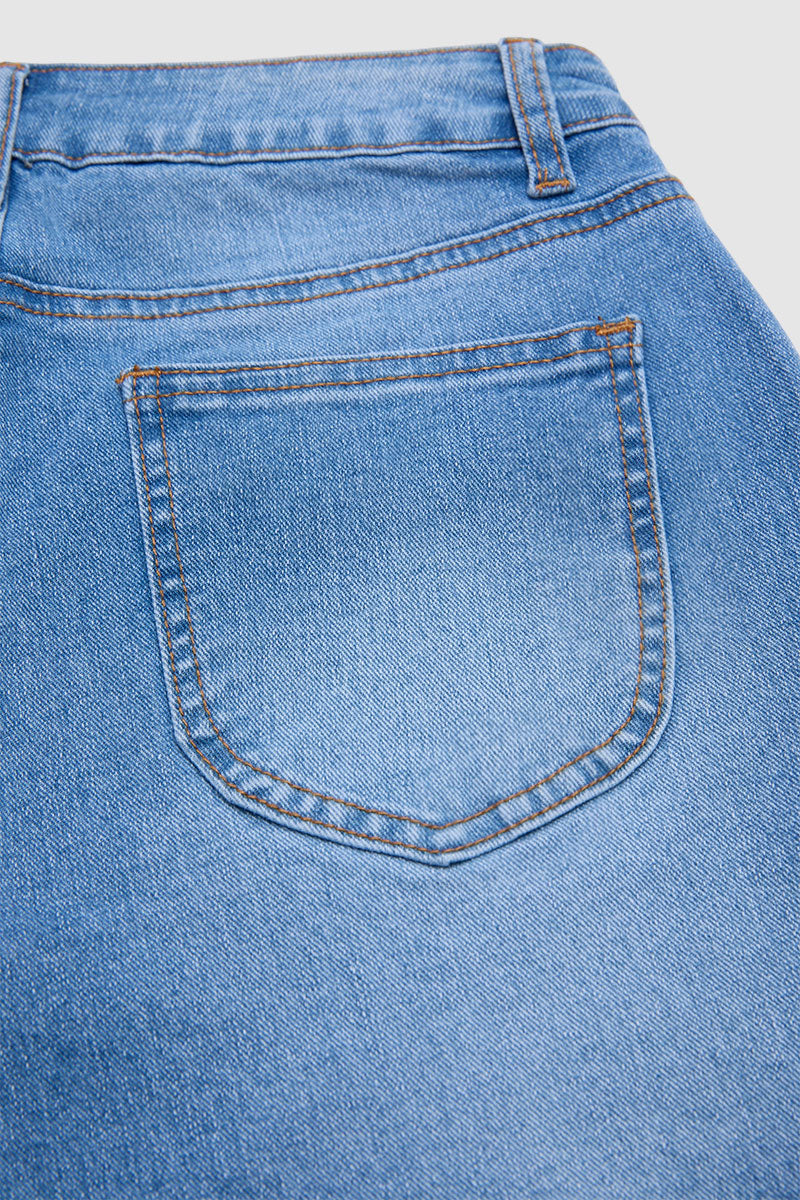 Wash Flap Pocket Roll Hem Mid Rise Denim Shorts Without Belt