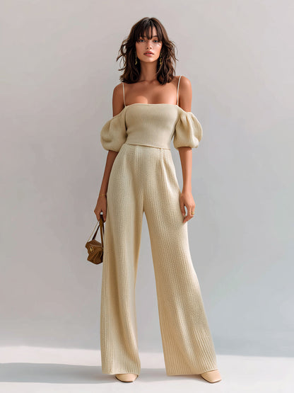 Chic Elegant Beige Off-The-Shoulder Strappy Short-Sleeve Slim-Fit Top And High Waist Wide-Leg Knit Pants Two-Piece Set