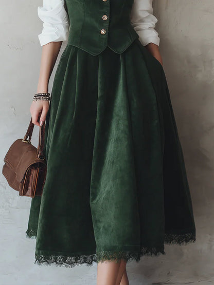 Jupe midi en coton (chemise et gilet non inclus), unie, poches, vintage, rouge lie-de-vin