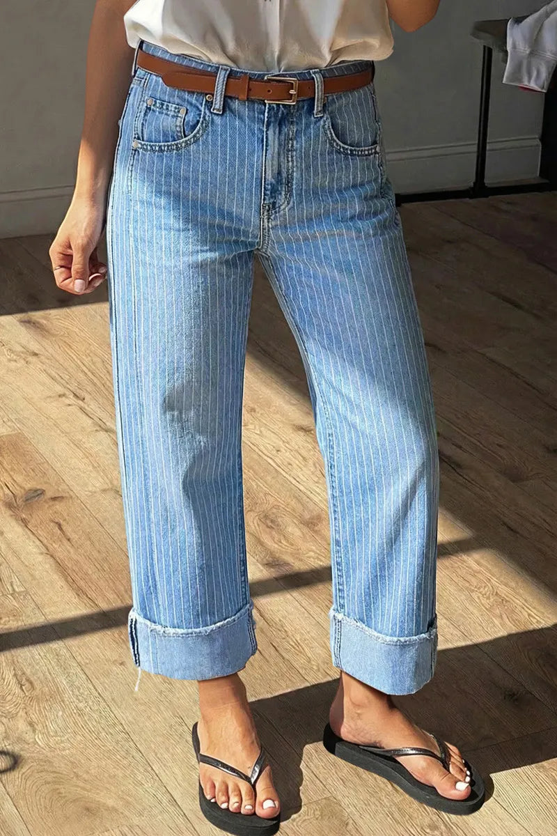 Striped Roll Hem Seam Front Mid Rise Straight Leg Crop Jeans Without Belt