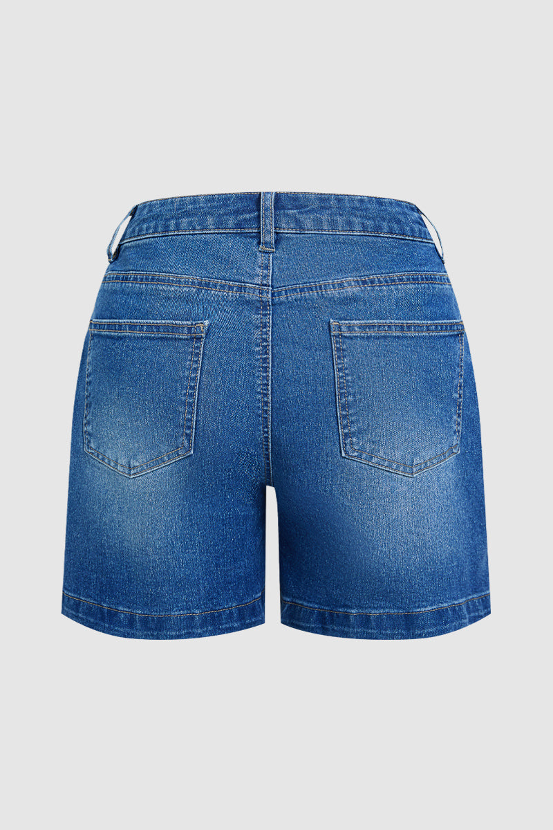 Wash Patch Pocket Drawstring High Rise Denim Shorts