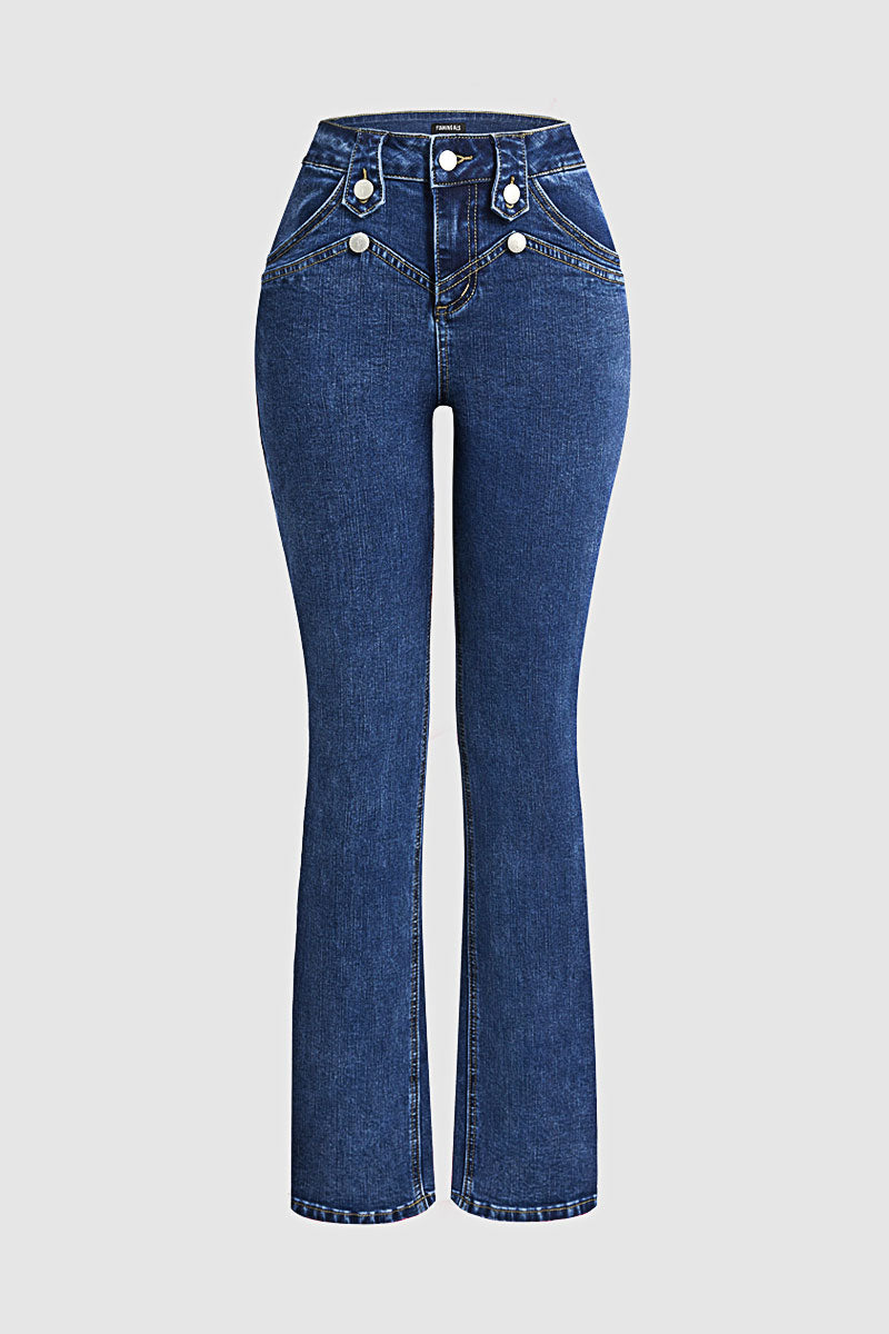 Wash Button Decor High Rise Bootcut Jeans