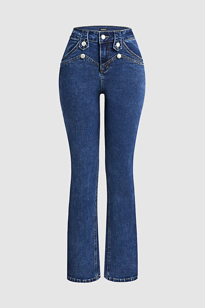 Wash Button Decor High Rise Bootcut Jeans