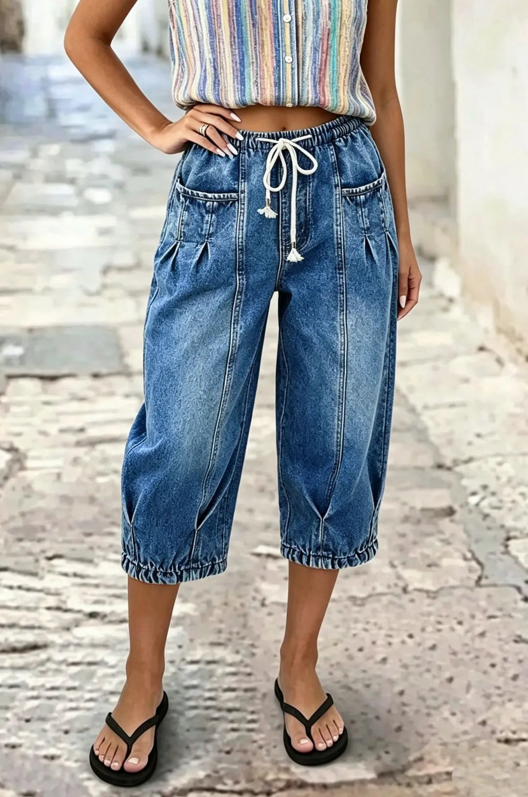 Pleated Drawstring High Waist Barrel Leg Capri Jeans