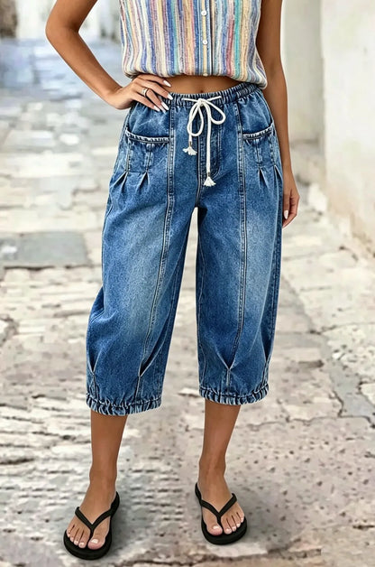 Pleated Drawstring High Waist Barrel Leg Capri Jeans