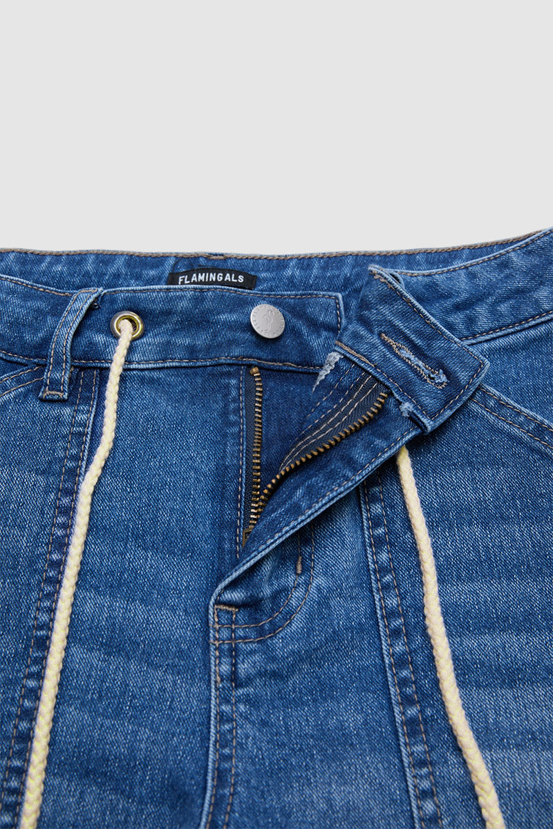 Wash Patch Pocket Drawstring High Rise Denim Shorts