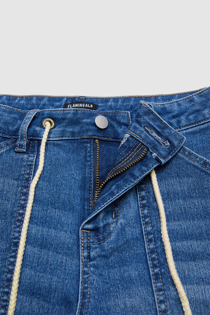 Wash Patch Pocket Drawstring High Rise Denim Shorts