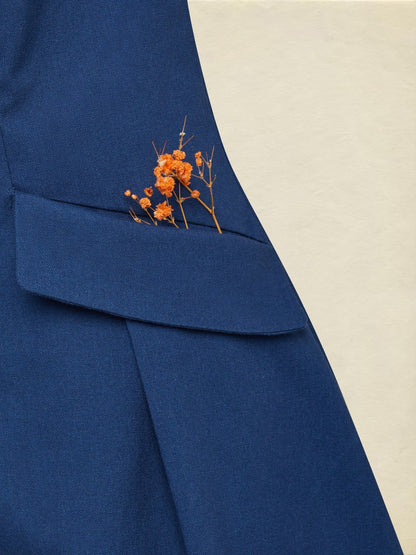 Robe midi en lin, manches courtes, col châle, unie, boutonnée, style vintage, bleu foncé