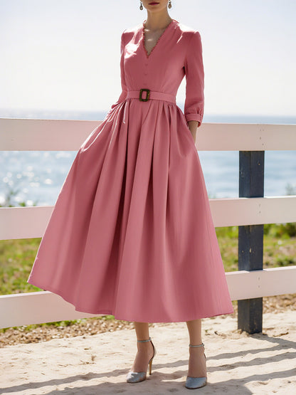Robe midi en coton, demi-manches, col en V, unie, ceinture, style vintage, rose foncé