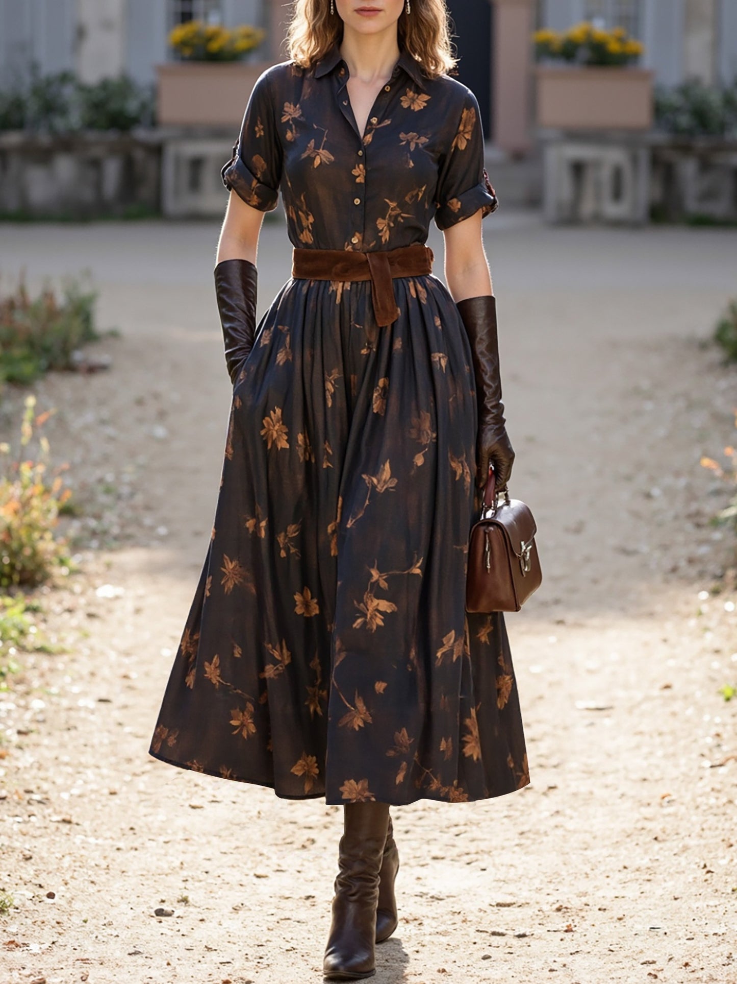 Robe midi en lin, manches courtes, col châle, florale, boutonnée, vintage, marron foncé