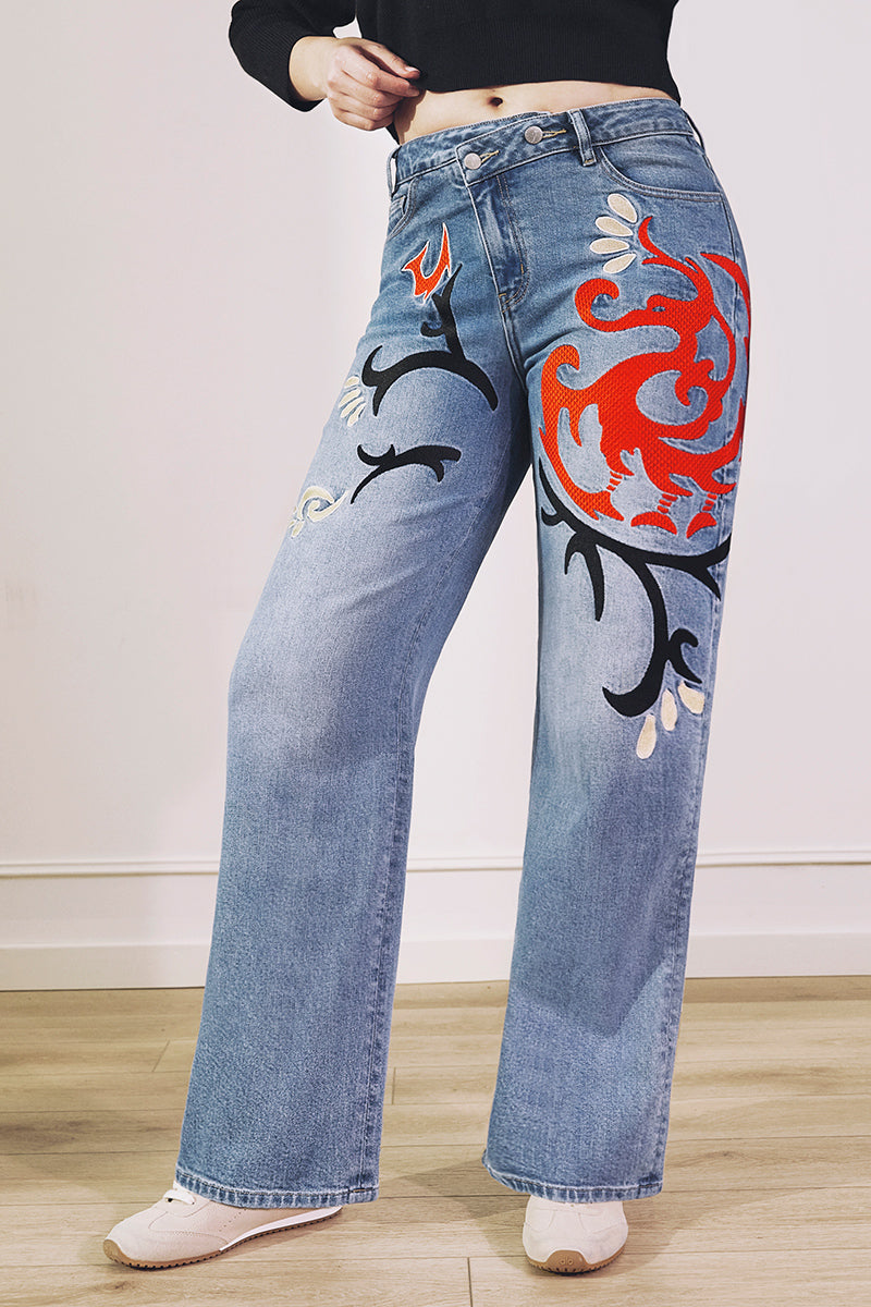 Wash Artistic Embroidery Dual Button Wrap Mid Waist Straight Leg Jeans