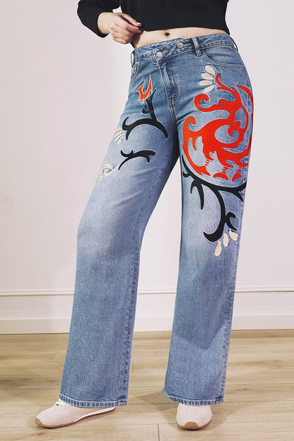 Wash Artistic Embroidery Dual Button Wrap Mid Waist Straight Leg Jeans