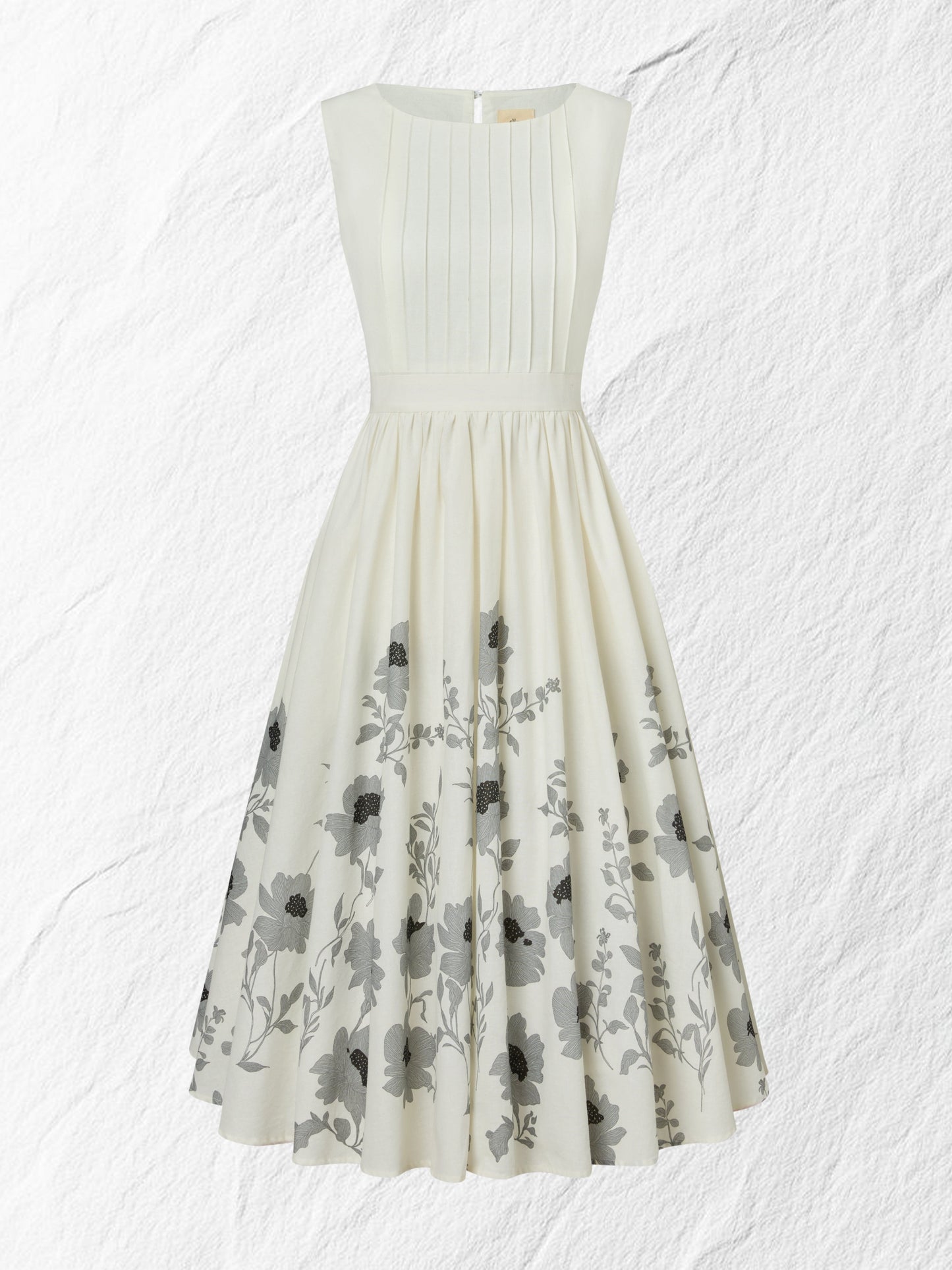 Robe mi-longue en lin, sans manches, col rond, florale, vacances, vintage, blanche