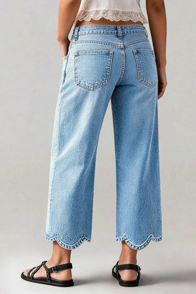 Wash Scallop Hem Mid Waist Straight Leg Crop Jeans