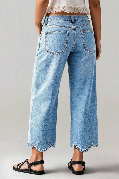 Wash Scallop Hem Mid Waist Straight Leg Crop Jeans