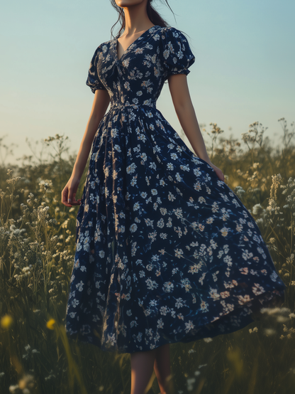 Robe longue en lin, col en V, florale, décontractée, manches courtes, bleue