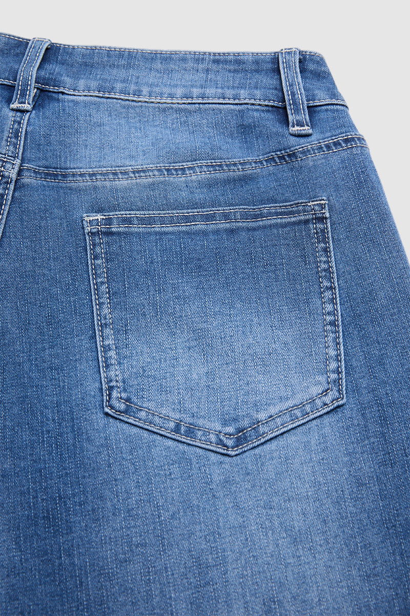Wash Geo Embroidery Raw Hem Mid Waist Straight Leg Jeans Without Belt