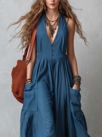 Robe bleu foncé en V, style français