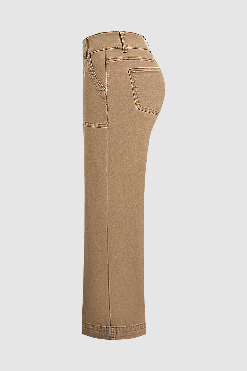 Solid Patched Pocket Mid Waist Wide Leg Pants