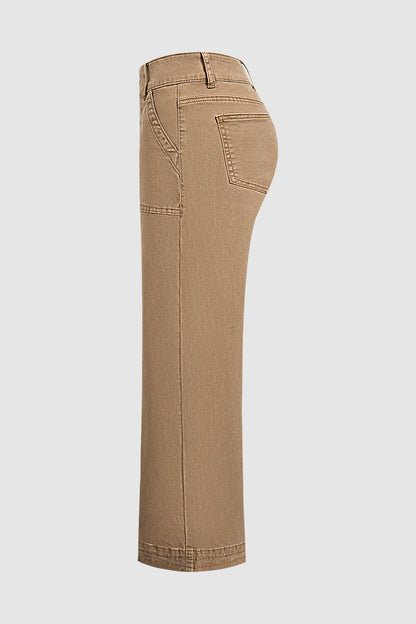 Solid Patched Pocket Mid Waist Wide Leg Pants