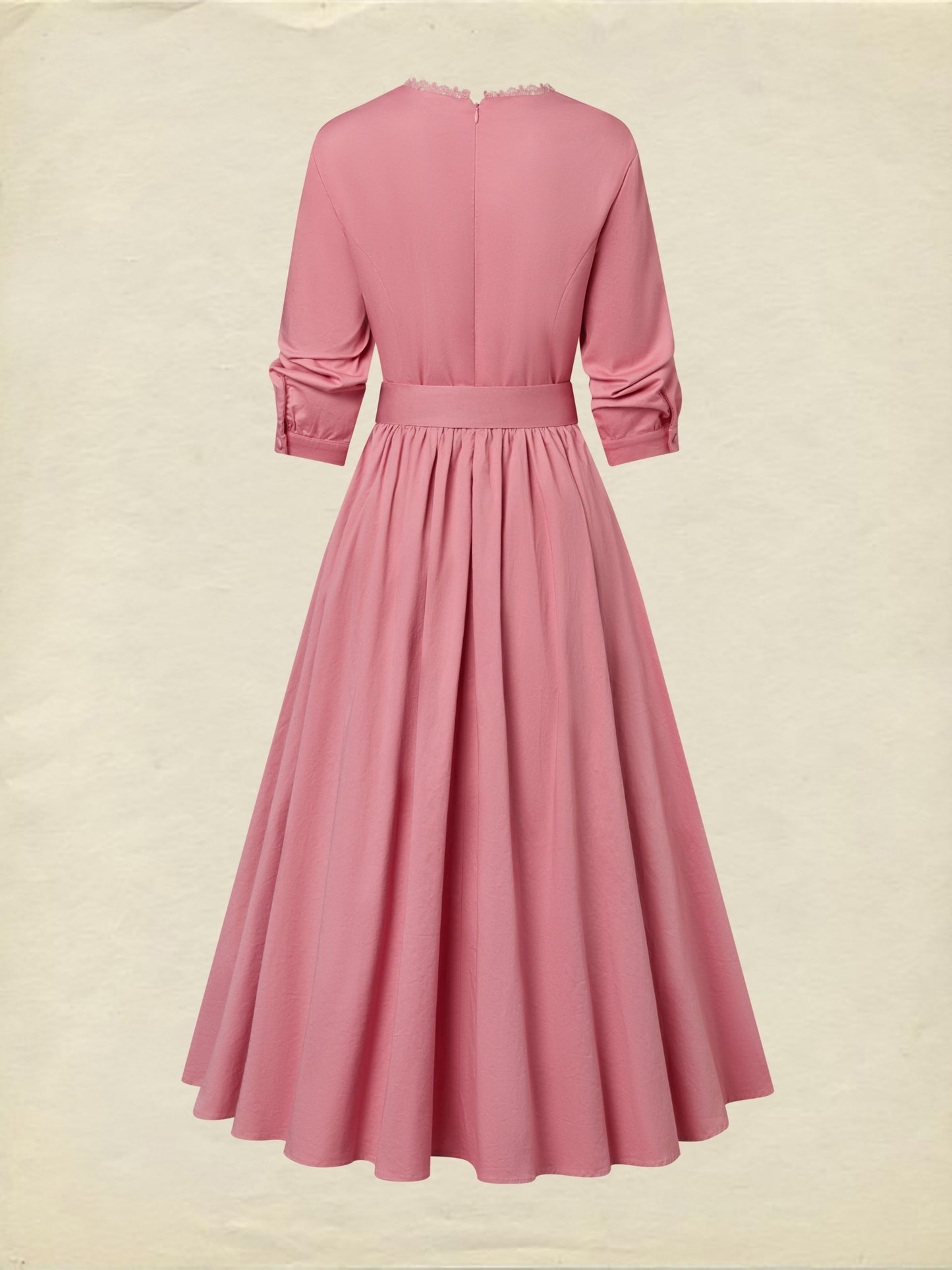 Robe midi en coton, demi-manches, col en V, unie, ceinture, style vintage, rose foncé