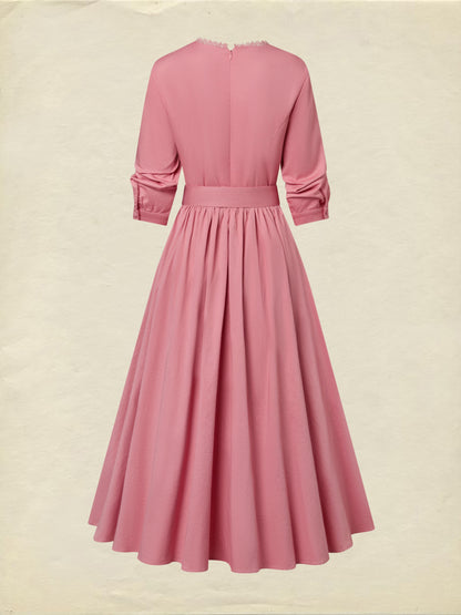 Robe midi en coton, demi-manches, col en V, unie, ceinture, style vintage, rose foncé