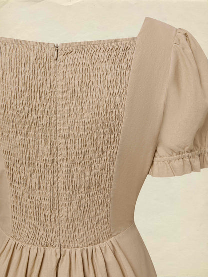Robe longue en coton, manches courtes, col en V, unie, dentelle, style vintage français, marron
